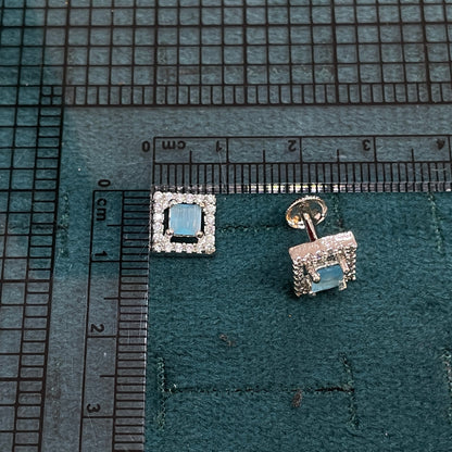92.5 Sterling Silver Earrings for Women | Square Light Blue Stone with White Stone Halo pair