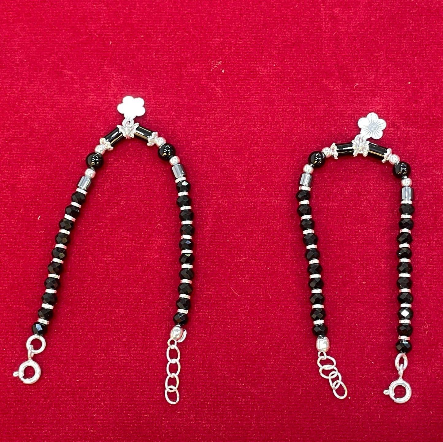 Silver Nazariya Black Bead Anklet for Kids | Set of 2 with Flower Charm