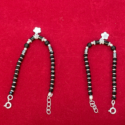 Silver Nazariya Black Bead Anklet for Kids | Set of 2 with Flower Charm