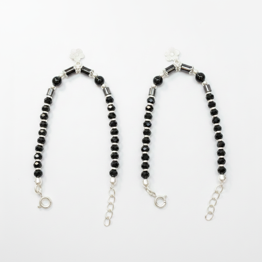 Silver Nazariya Black Bead Anklet for Kids | Set of 2 with Flower Charm