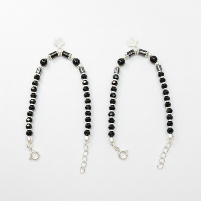 Silver Nazariya Black Bead Anklet for Kids | Set of 2 with Flower Charm