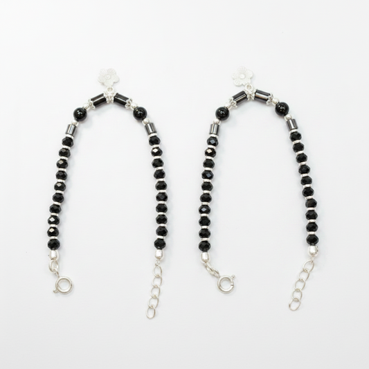 Silver Nazariya Black Bead Anklet for Kids | Set of 2 with Flower Charm
