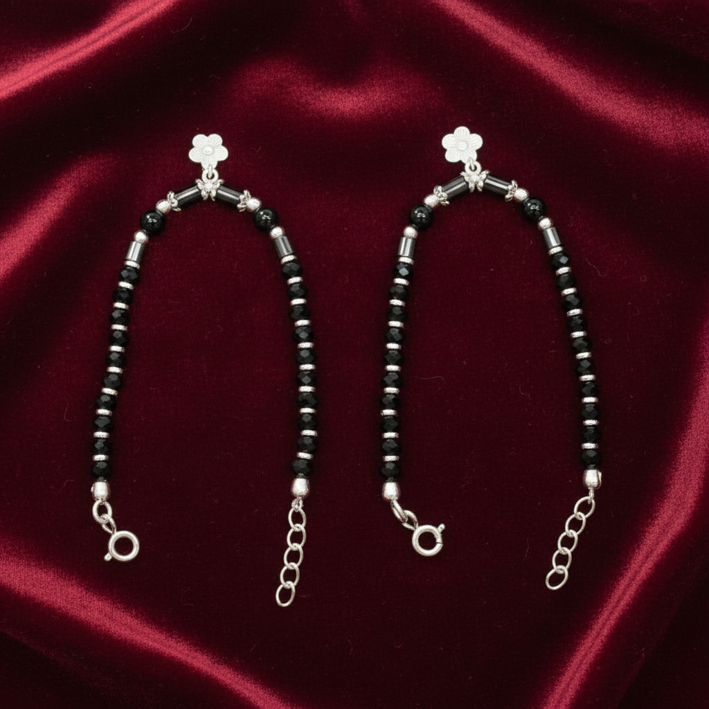 Silver Nazariya Black Bead Anklet for Kids | Set of 2 with Flower Charm