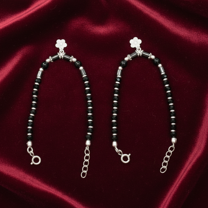 Silver Nazariya Black Bead Anklet for Kids | Set of 2 with Flower Charm