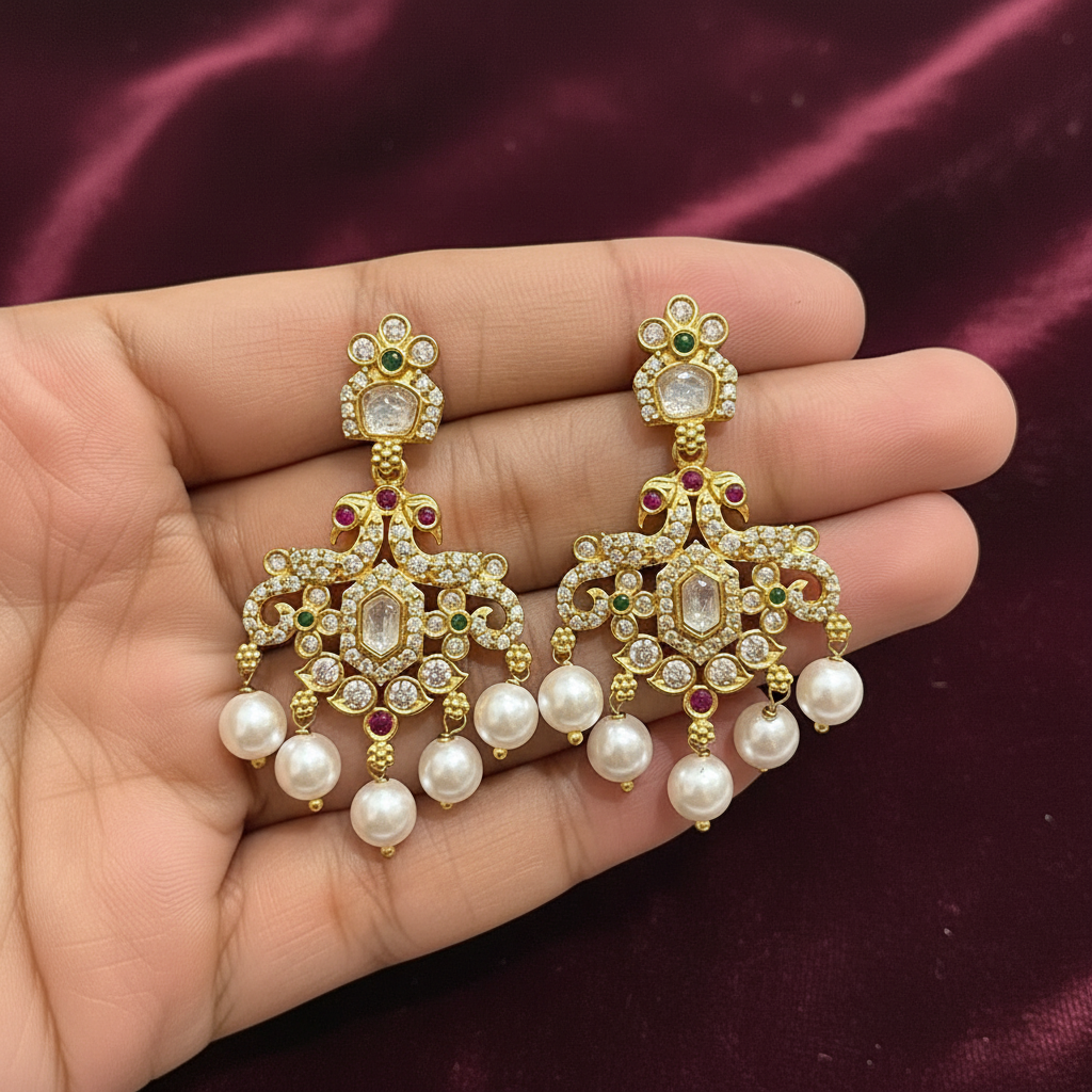 92.5 Silver Gold Plated White Stone Earrings for Women | Stylish Elegant Design | Premium Jewellery