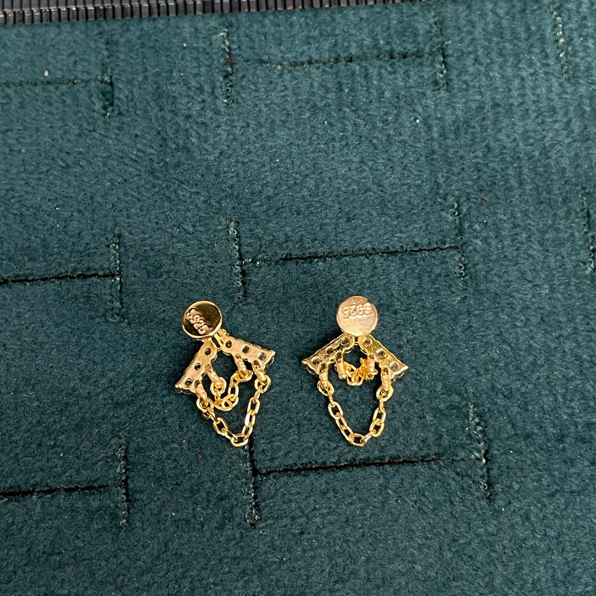 92.5 Sterling Silver Gold Plated White CZ Chevron Crown & Double Gold Chain Tassel Stud Earrings for Women