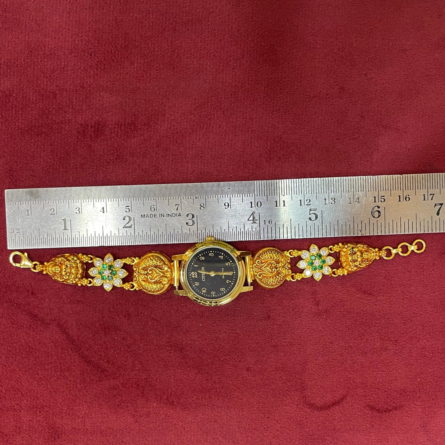 925 Silver Gold-Plated Nakshi Bracelet Watch with White & Emerald CZ Flowers