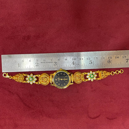925 Silver Gold-Plated Nakshi Bracelet Watch with White & Emerald CZ Flowers