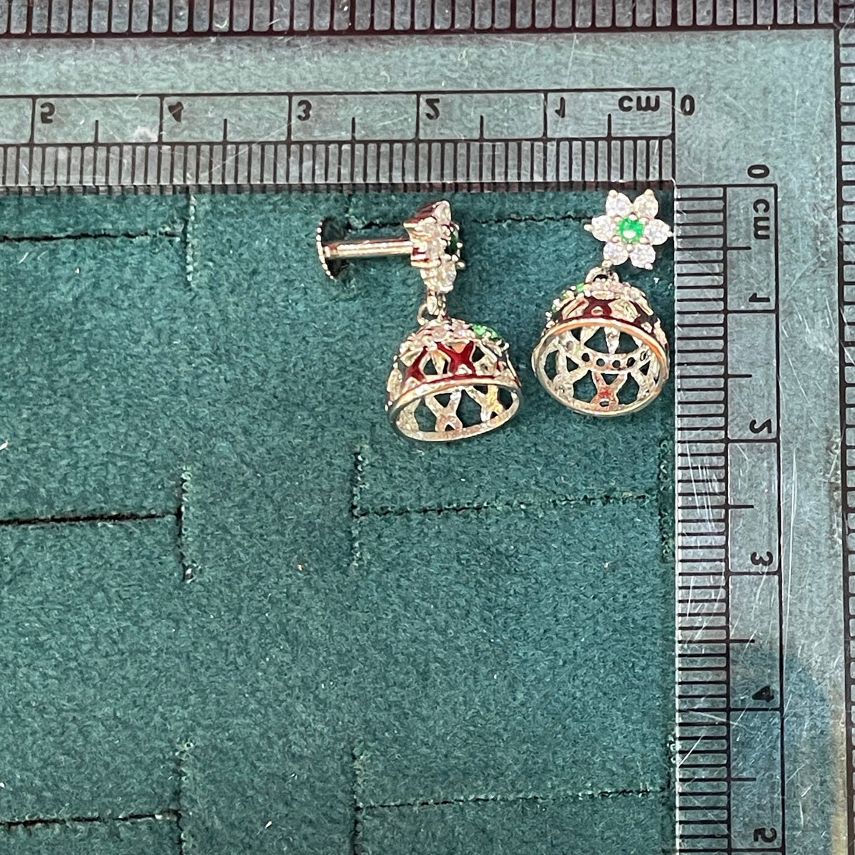 92.5 Sterling Silver CZ Flower Top Filigree Jhumka Earrings for Women | White & Green CZ Jhumki Pair