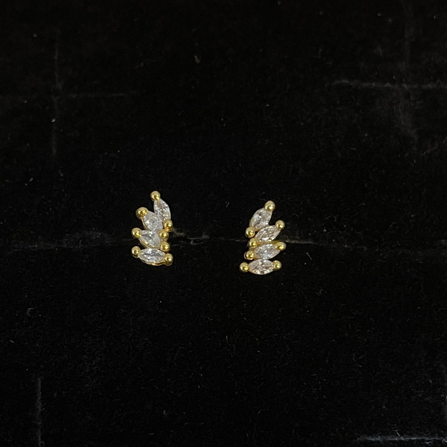 Gold Plated 92.5 Sterling Silver Three-Marquise CZ Leaf Climber Stud Earrings for Women | CZ Fan Wing Screw-Back Second Studs