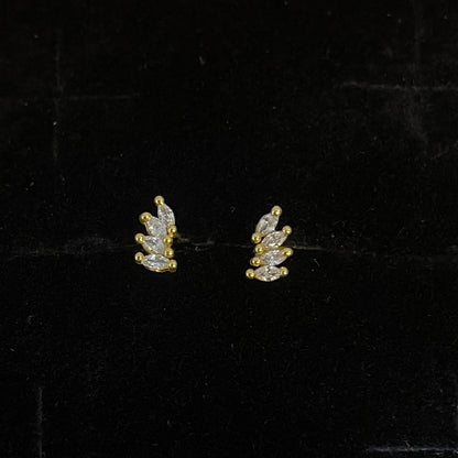 Gold Plated 92.5 Sterling Silver Three-Marquise CZ Leaf Climber Stud Earrings for Women | CZ Fan Wing Screw-Back Second Studs