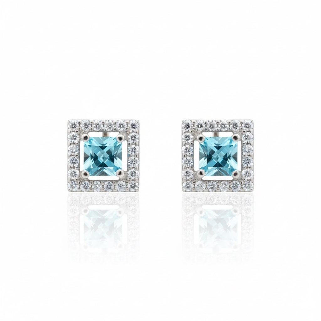92.5 Sterling Silver Earrings for Women | Square Light Blue Stone with White Stone Halo pair