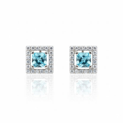 92.5 Sterling Silver Earrings for Women | Square Light Blue Stone with White Stone Halo pair
