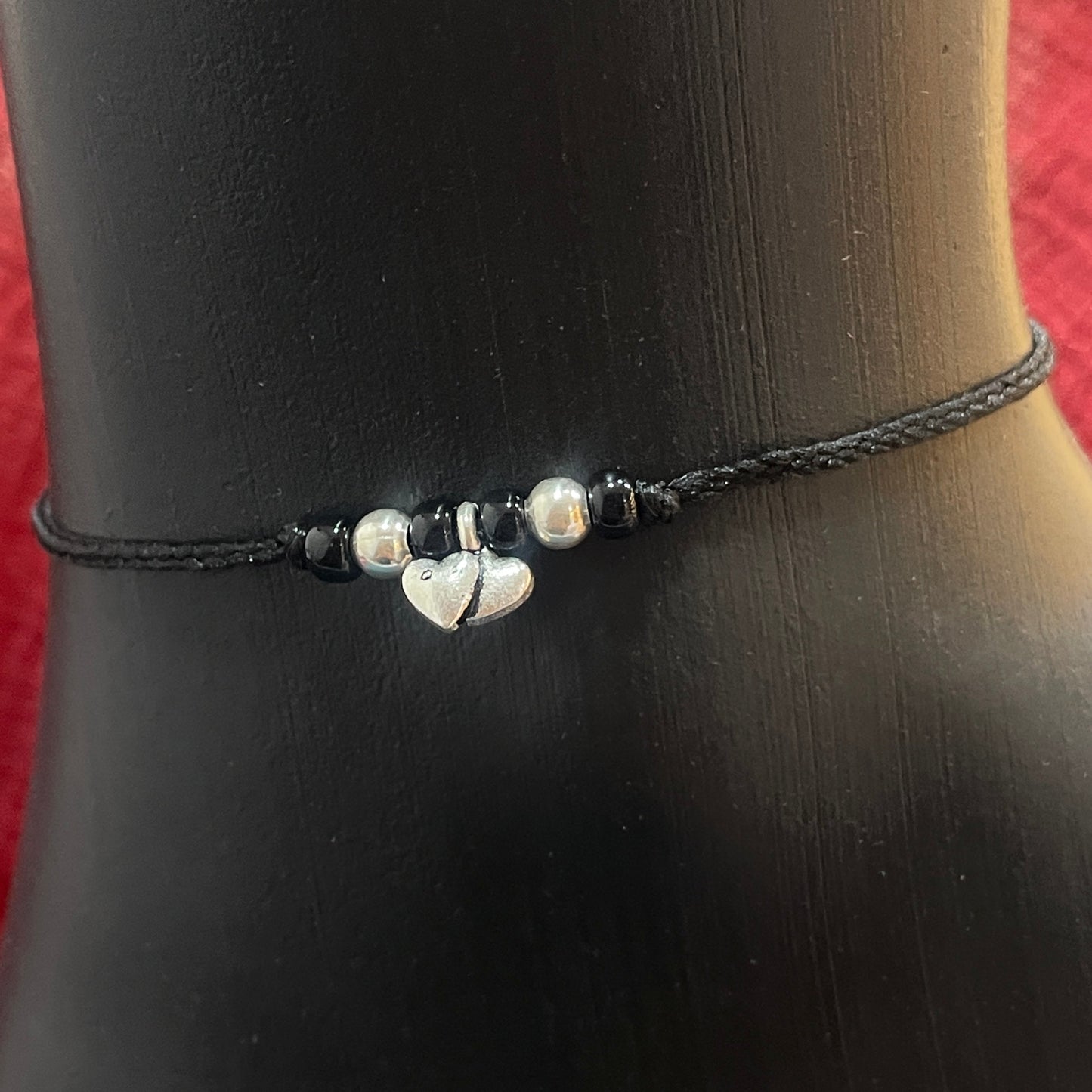 92.5 Silver Thread Anklet with Double Heart Charm - single pc