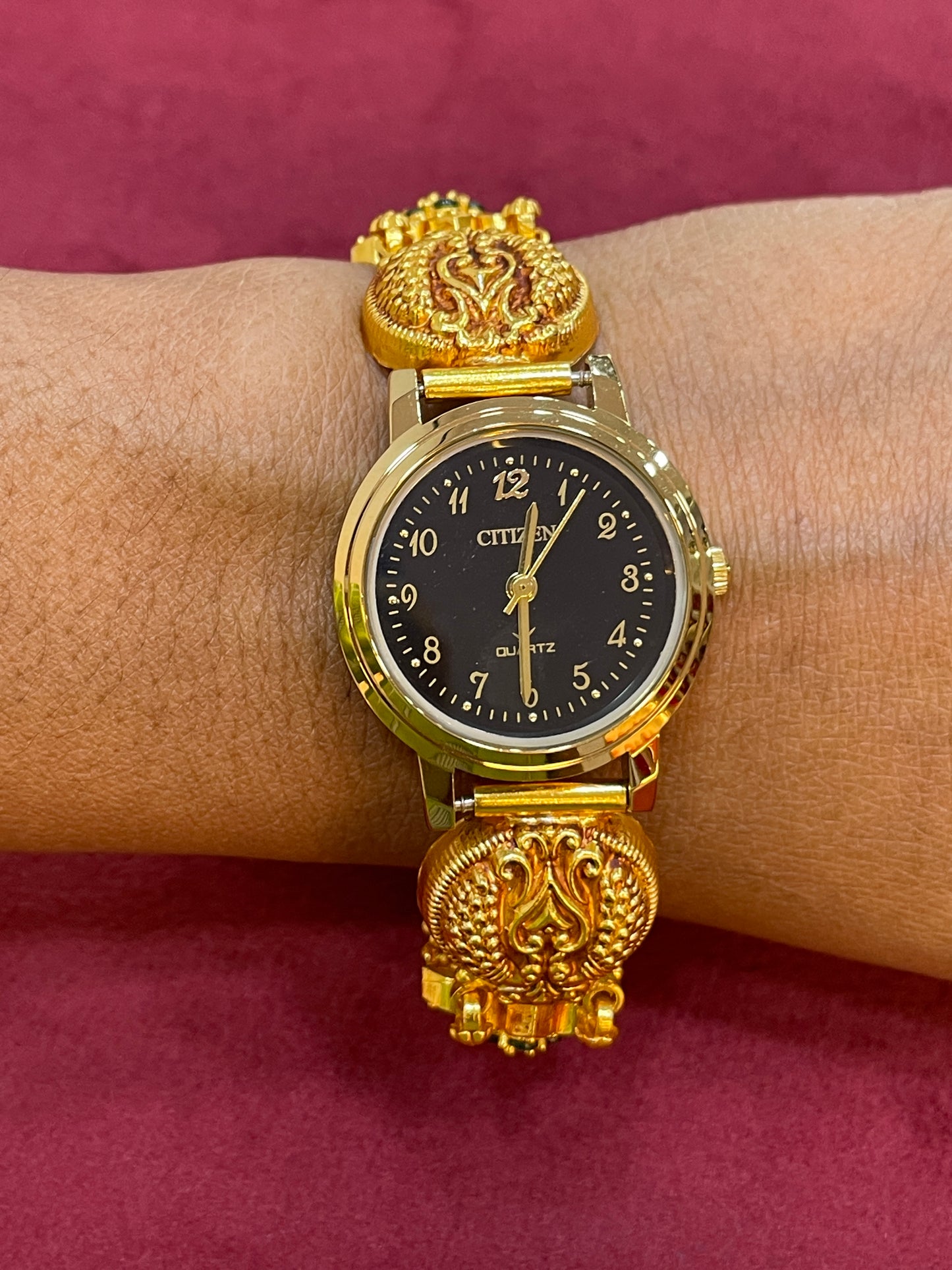 925 Silver Gold-Plated Nakshi Bracelet Watch with White & Emerald CZ Flowers