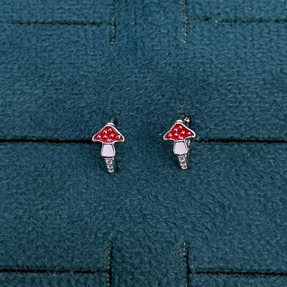 92.5 Silver Enamel Mushroom Huggie Hoop Earrings for Girls