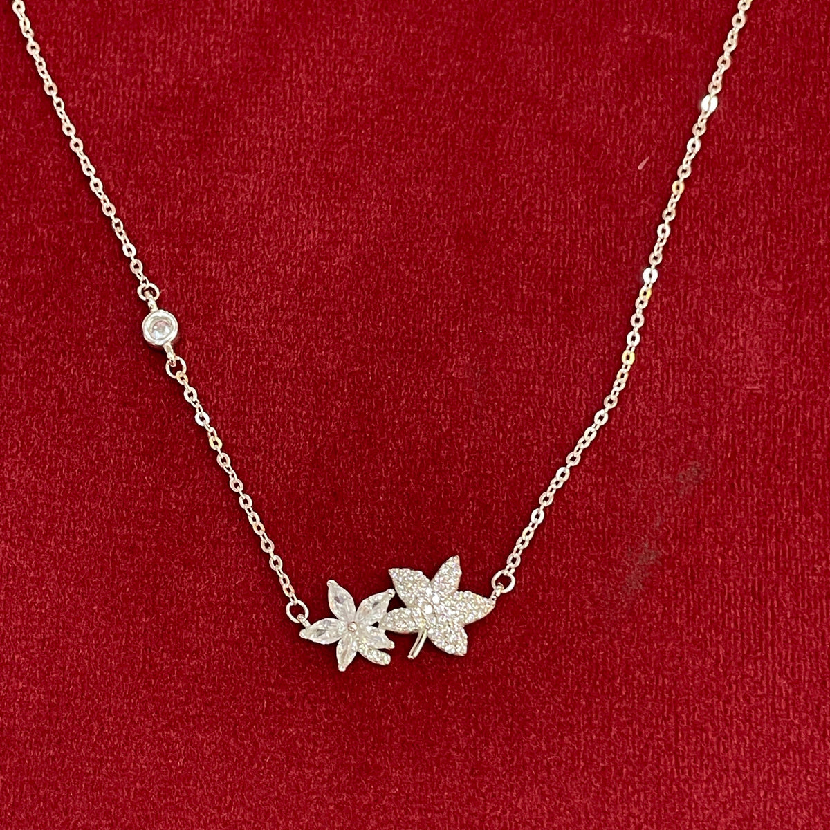 92.5 Silver Pave CZ & Plain Silver Dual Flower Cluster Pendant Necklace for Women