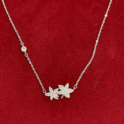 92.5 Silver Pave CZ & Plain Silver Dual Flower Cluster Pendant Necklace for Women
