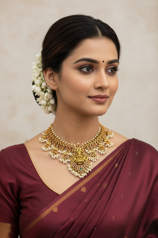 92.5 Silver Gold Plated Lakshmi Devi Necklace for Women | Traditional Temple Design | Elegant Jewellery