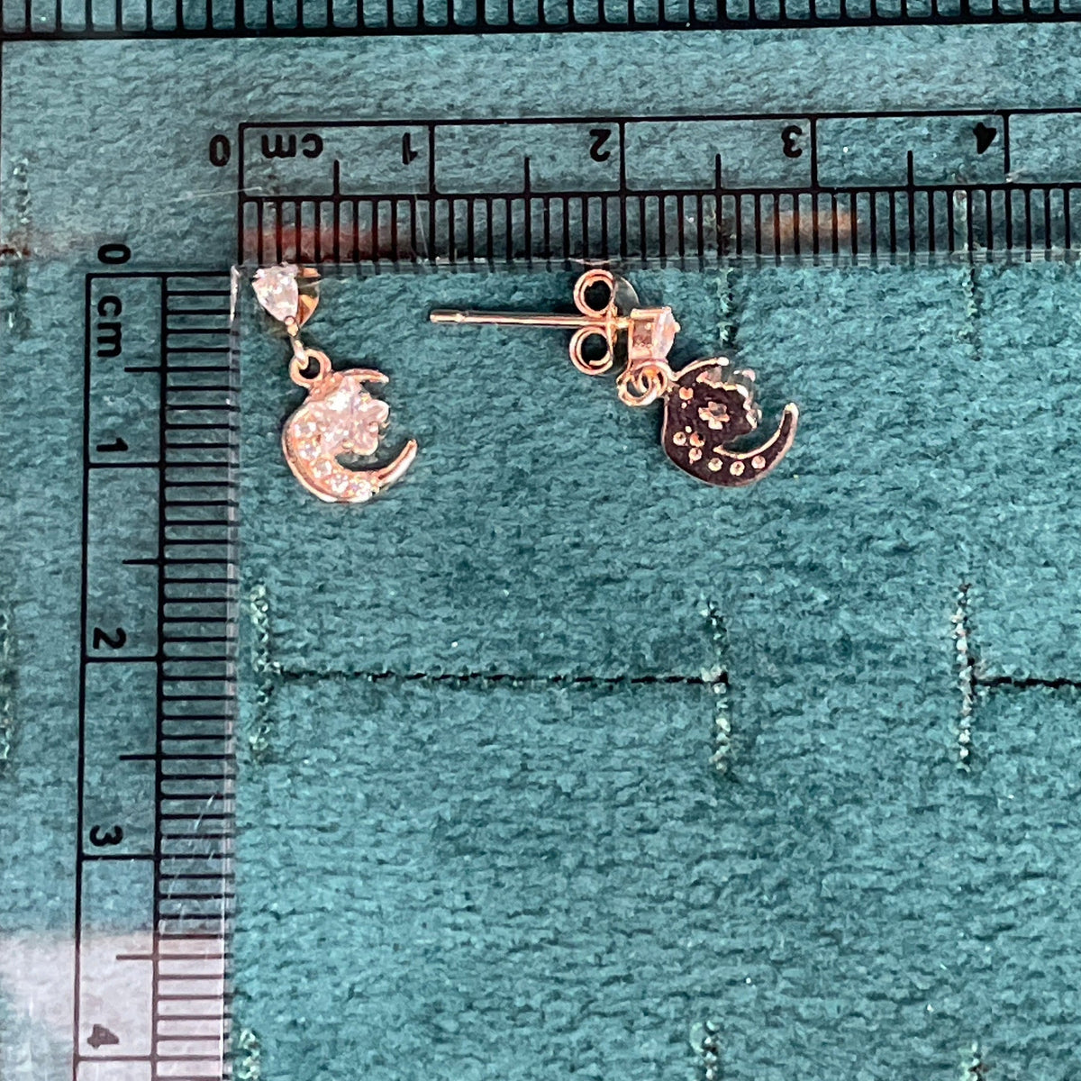 Rose Gold Plated 92.5 Sterling Silver CZ Star & Crescent Moon Drop Earrings for Women | Pear CZ Stud with Pavé Moon Dangle | Second Piercing Earring Pair
