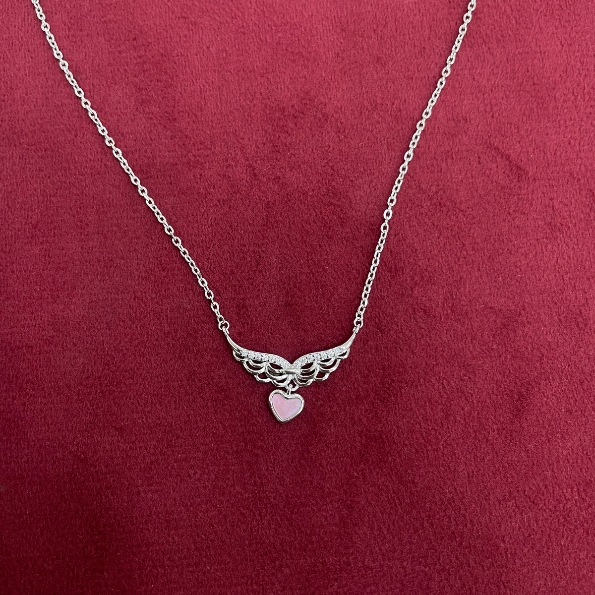 92.5 Silver White CZ Winged Heart Chain for Women