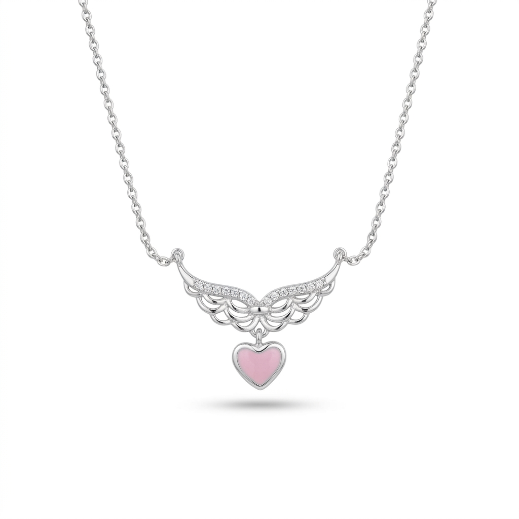 92.5 Silver White CZ Winged Heart Chain for Women
