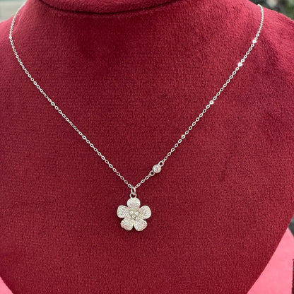 92.5 Silver Pave CZ Five-Petal Flower Pendant Necklace for Women