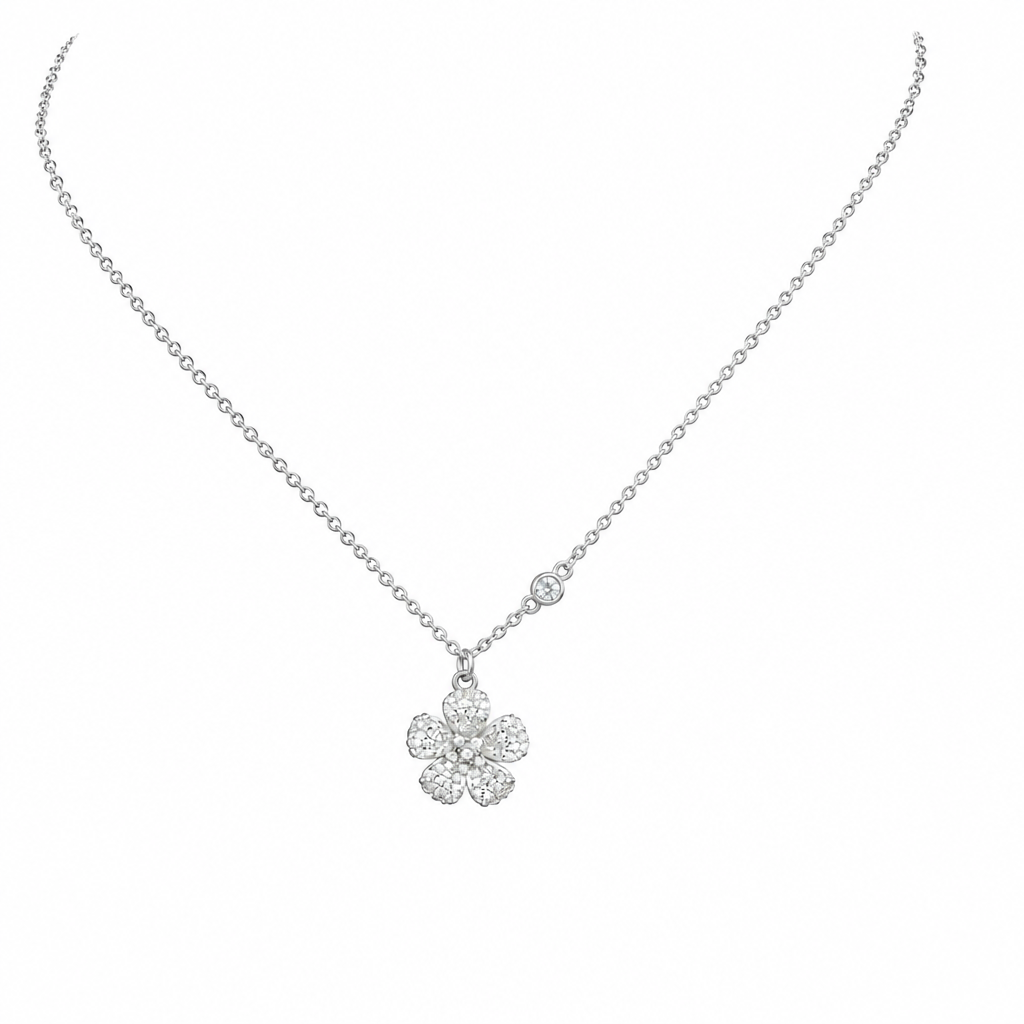 92.5 Silver Pave CZ Five-Petal Flower Pendant Necklace for Women