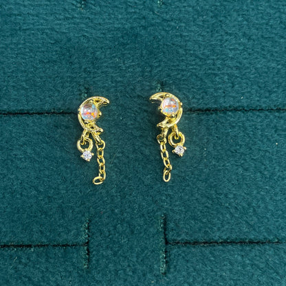 92.5 Sterling Silver Gold Plated Opal & White CZ Crescent Moon Chain Tassel Drop Earrings for Women
