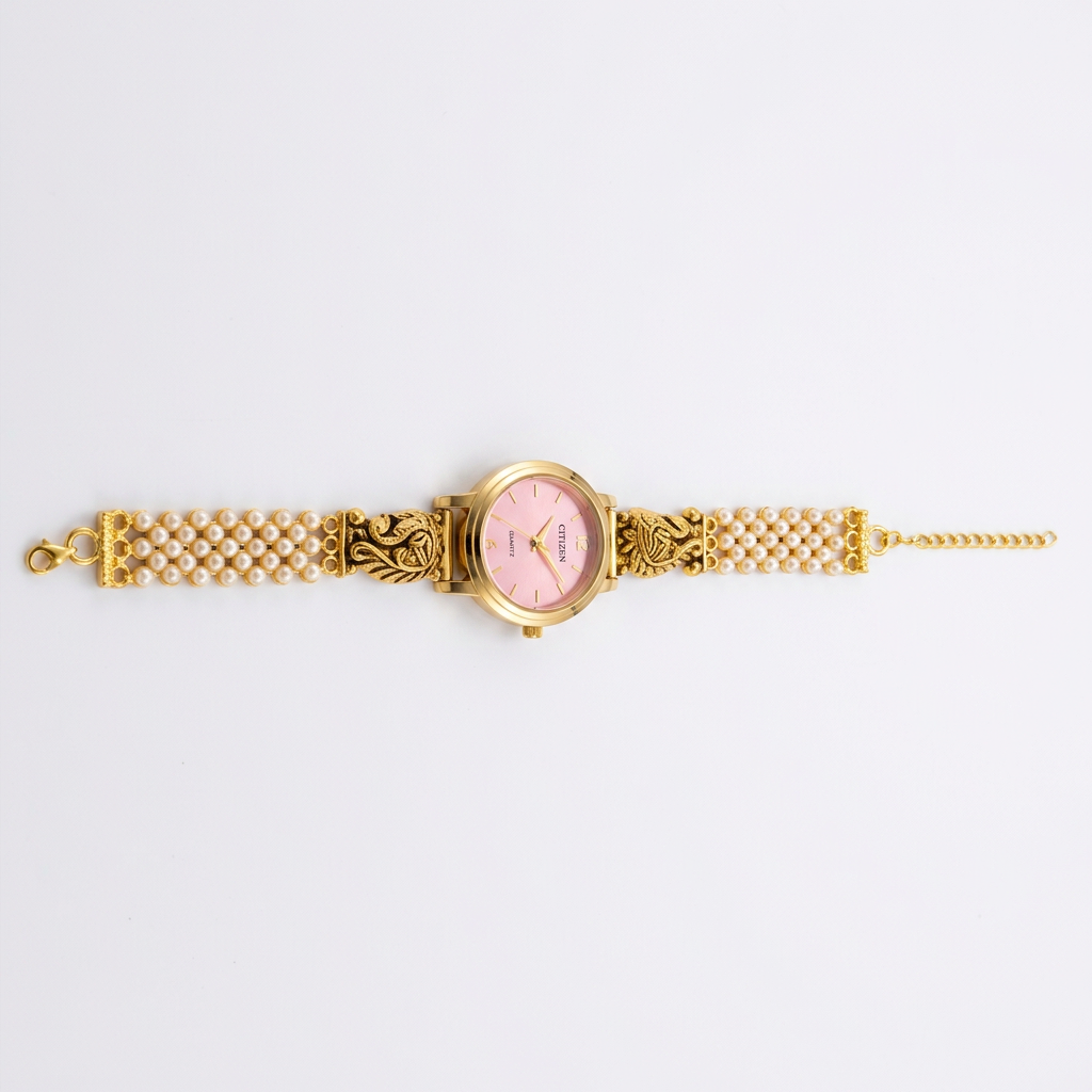 92.5 Silver Gold Plated Nakshi Pearl Watch for Women