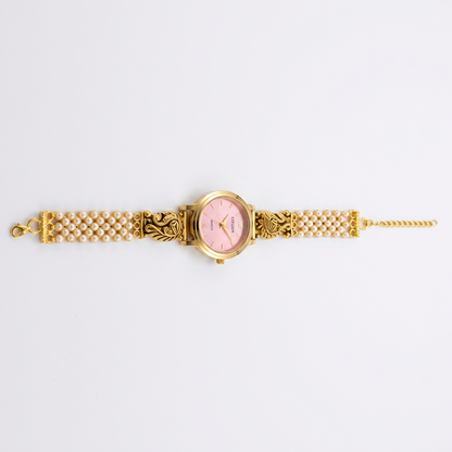92.5 Silver Gold Plated Nakshi Pearl Watch for Women