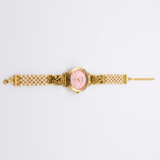 92.5 Silver Gold Plated Nakshi Pearl Watch for Women