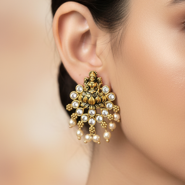 925 Silver Gold Plated Lakshmi Pearl Studs