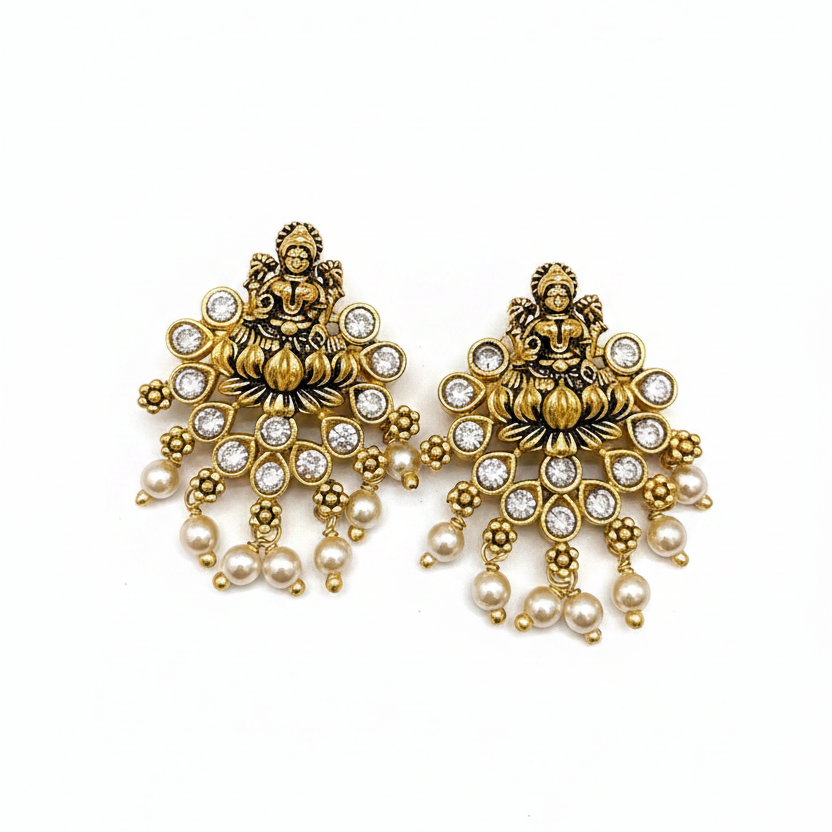 925 Silver Gold Plated Lakshmi Pearl Studs