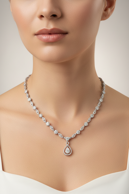 92.5 Silver Classy White Stone Necklace for Women 19 Inches | Elegant Sparkling Design | Premium Jewellery