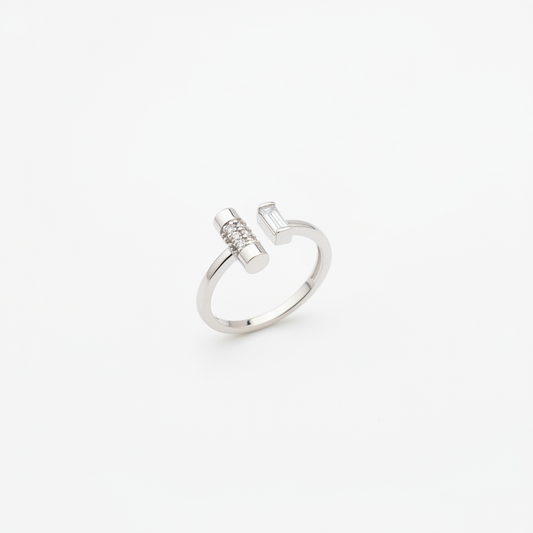 92.5 Sterling Silver Open Adjustable Dual Bar CZ & Plain Baguette Finger Ring