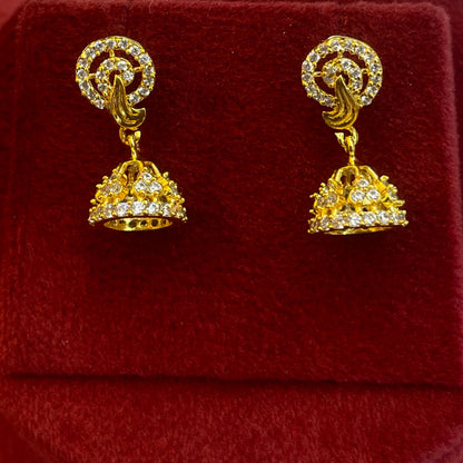 92.5 Silver Gold Plated White CZ Round Stud Jhumka Earrings for Women