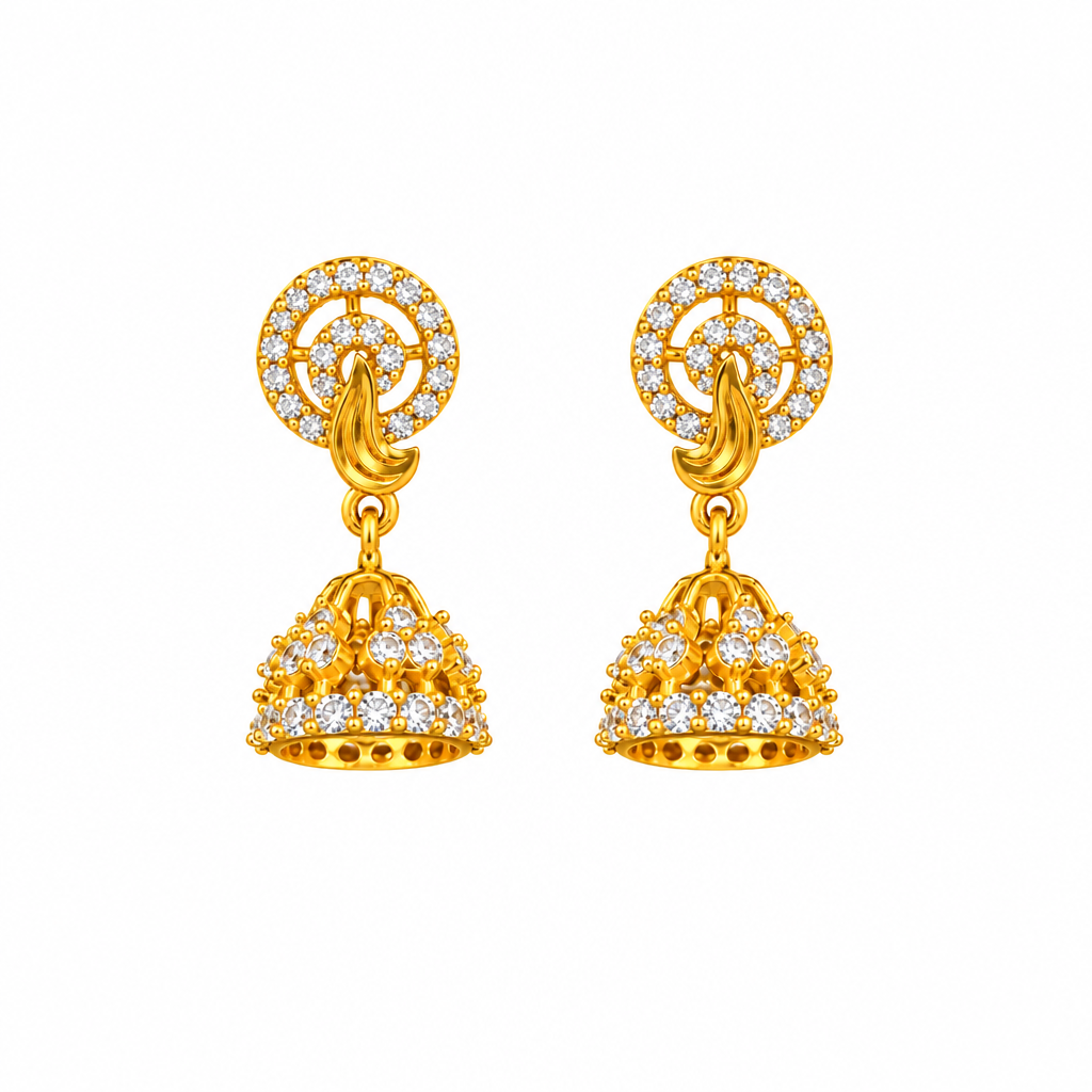 92.5 Silver Gold Plated White CZ Round Stud Jhumka Earrings for Women