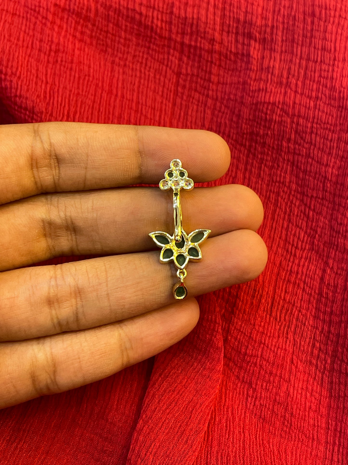 92.5 Silver Emerald Lotus Press-On Bugadi for Women | Temple Style Non-Piercing Ear Cuff | Traditional Jewellery