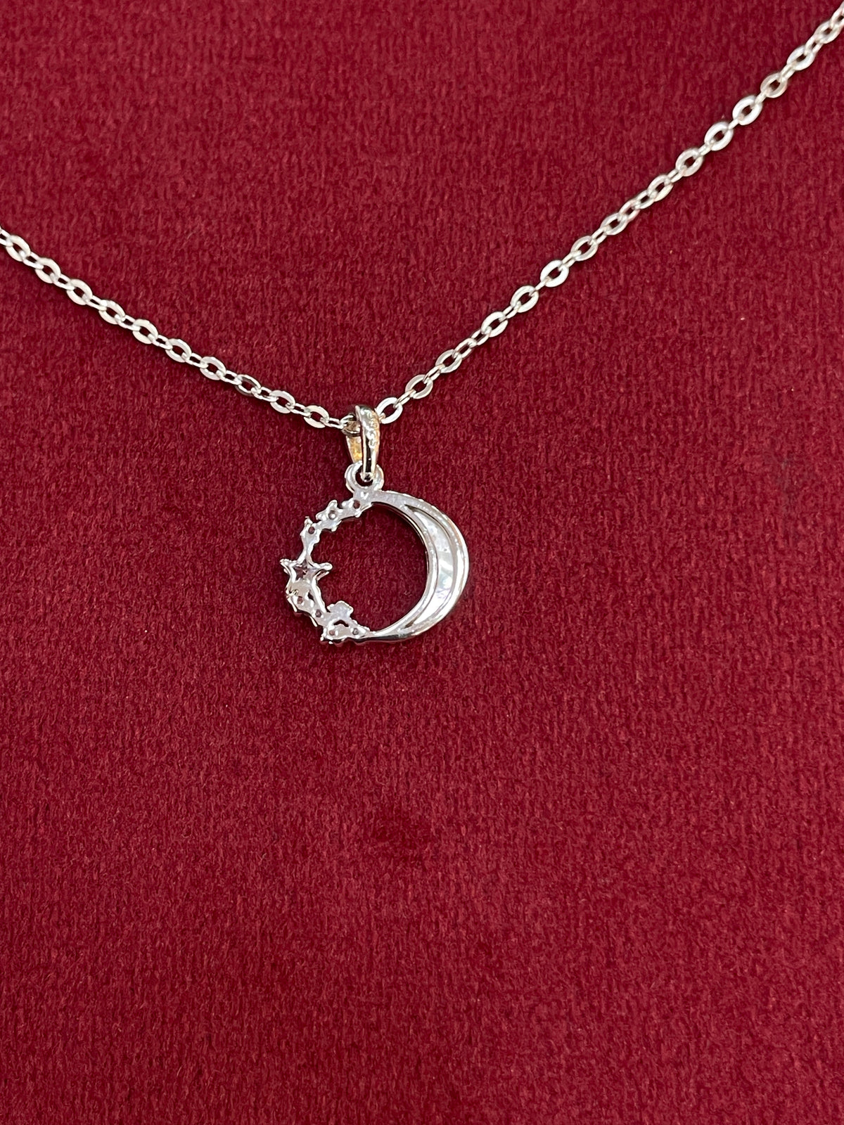 92.5 Silver Crescent Moon & CZ Star Pendant Necklace for Women