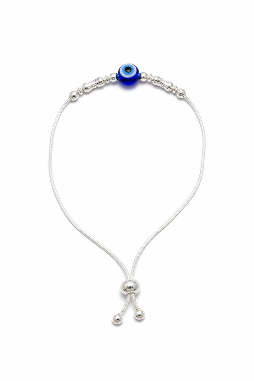 92.5 Silver Evil Eye Adjustable Bracelet for Women | Blue Bead & Silver Charm Design