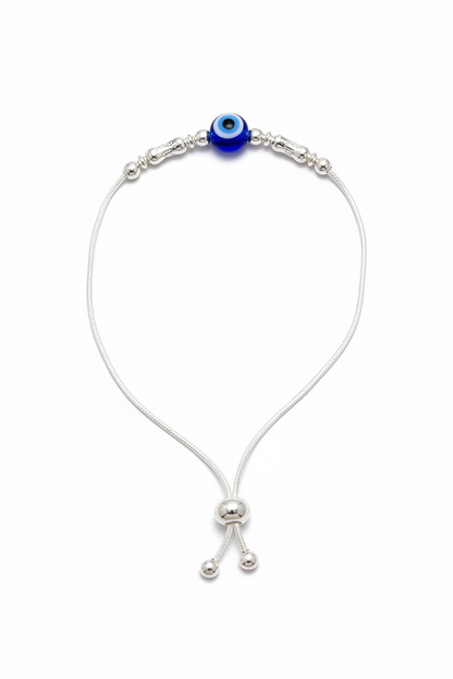 92.5 Silver Evil Eye Adjustable Bracelet for Women | Blue Bead & Silver Charm Design