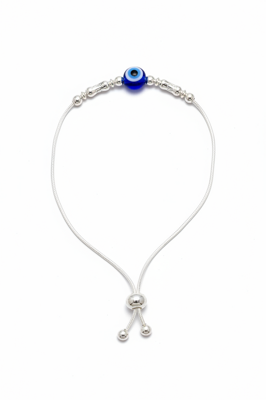 92.5 Silver Evil Eye Adjustable Bracelet for Women | Blue Bead & Silver Charm Design