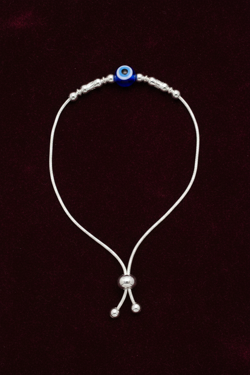 92.5 Silver Evil Eye Adjustable Bracelet for Women | Blue Bead & Silver Charm Design