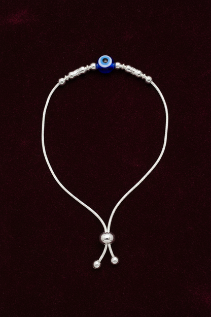92.5 Silver Evil Eye Adjustable Bracelet for Women | Blue Bead & Silver Charm Design