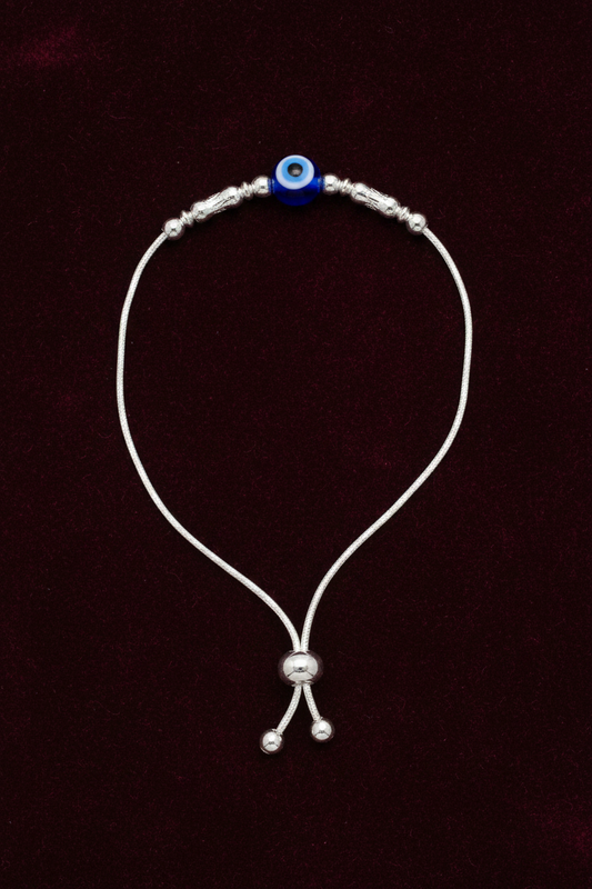 92.5 Silver Evil Eye Adjustable Bracelet for Women | Blue Bead & Silver Charm Design