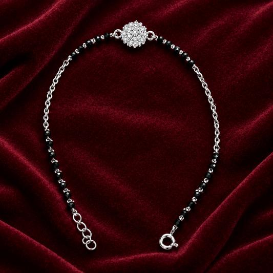 92.5 Silver Black Bead Bracelet with CZ Flower Charm for Women