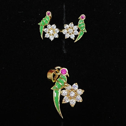 92.5 Sterling Silver Gold Plated Parrot on Flower Pendant & Earrings Set for Women | Green Enamel Parrot with Ruby CZ Eye