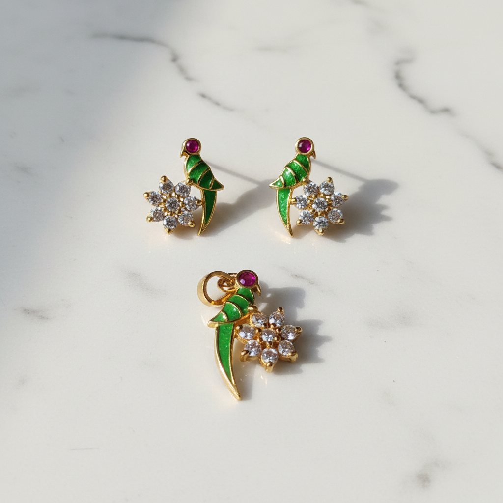 92.5 Sterling Silver Gold Plated Parrot on Flower Pendant & Earrings Set for Women | Green Enamel Parrot with Ruby CZ Eye