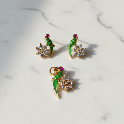 92.5 Sterling Silver Gold Plated Parrot on Flower Pendant & Earrings Set for Women | Green Enamel Parrot with Ruby CZ Eye
